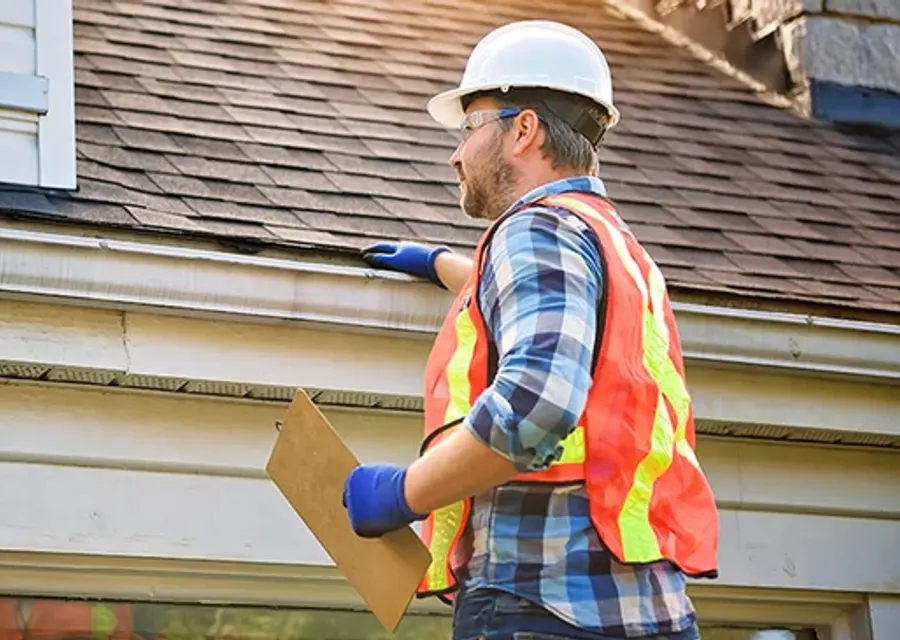 A roofer surveying guttering and roofline